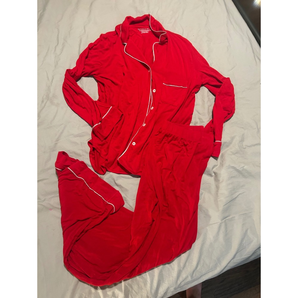Victorias Secret Red Modal Pajama Set Long Sleeve Button Down Pants Small